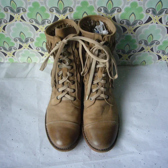 Barney's New York Brown Woven Leather Combat Boot 38.5 Lace up Bohemian Unique